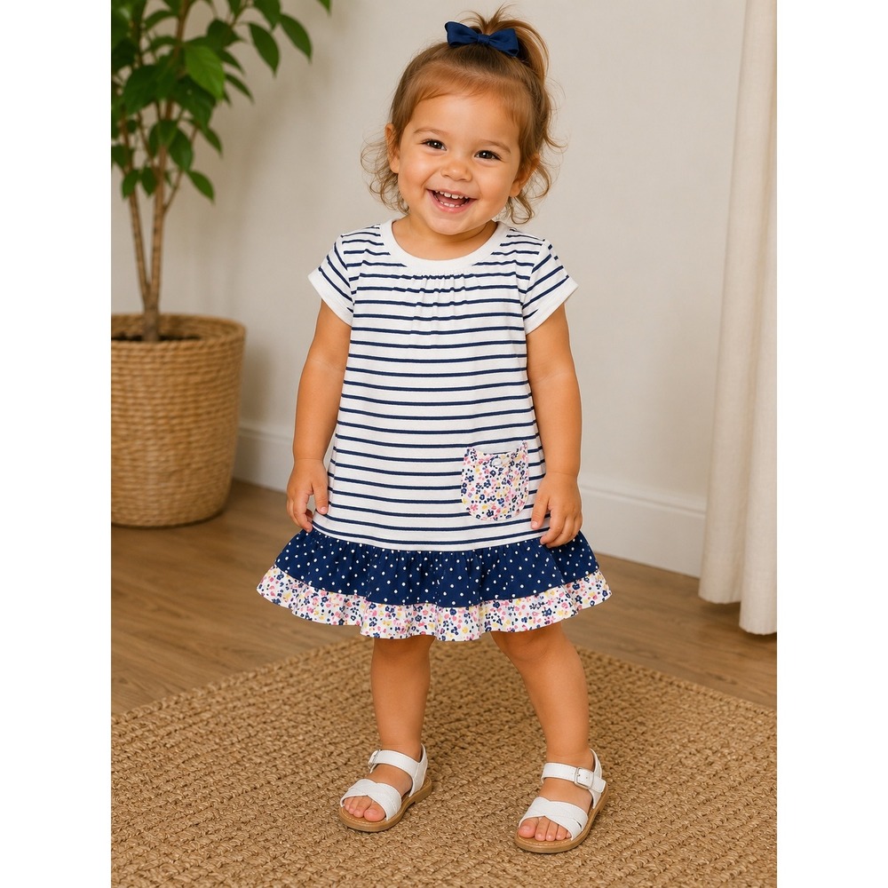 The Children's Place Girls 3T Navy White Striped Polka Dot Floral Ruffle Tunic